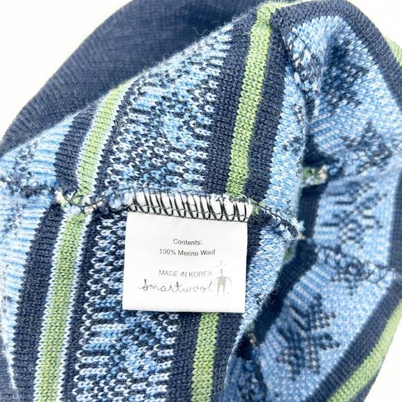 Smartwool Kids 100% Merino Wool Fair Isle Striped Pom Snow Beanie Hat OS Blue - Picture 5 of 6